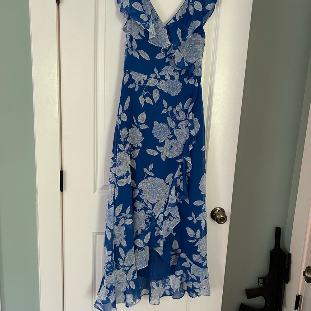 London Times Blue and White Ruffled Tiered Maxi Dress